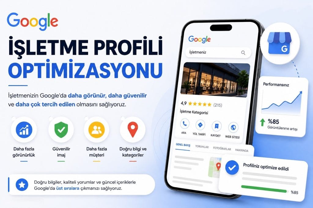 Google İşletme Profilinizi güncel, güvenilir ve arama odaklı hâle getiriyoruz. Böylece Google Haritalar’da daha görünür olur, bulunduğunuz bölgedeki müşterilere daha hızlı ulaşırsınız.